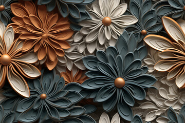 Wall Mural - A close-up shot of a background made of paper flowers in different shades of white, orange, and blue.