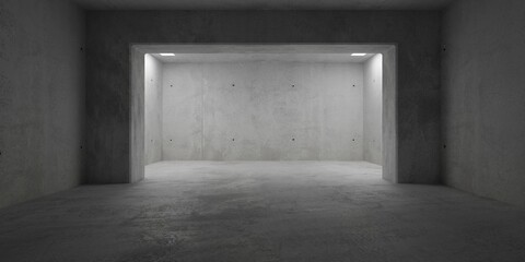 Wall Mural - Abstract empty, modern concrete room with beam and pillars and fluorescent tube lights and rough floor - industrial interior background template