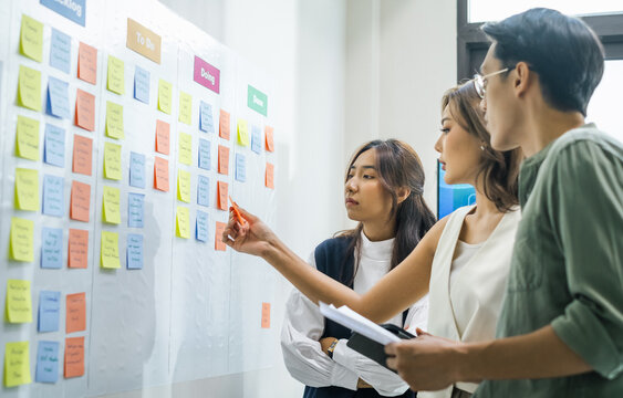 brainstorming session, using sticky notes on a task board (kanban) to organize ideas and workflow in