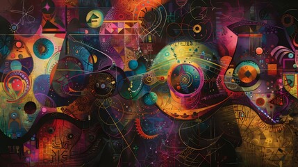 Wall Mural - Intricate digital abstract artwork composed of vibrant geometric shapes creating a visually dynamic and complex pattern.