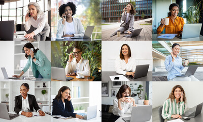 Aufkleber - A diverse group of women is seen actively participating in various work-related tasks. Some are engaged in phone conversations, while others focus intently on their laptops