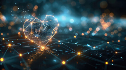 Poster - The bright lines form the background of communication technology and the internet, and a heart beats. Generative AI.