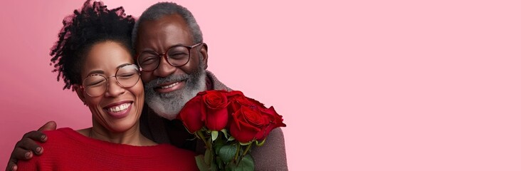 African american elderly couple hugging, smiling on a light pink blurred and bokeh background. man and a woman in love are enjoying Valentine's Day. concept of  romantic