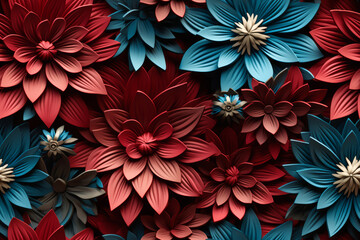 A seamless pattern of blue, red, and grey paper flowers in a 3D style.