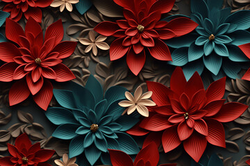 A seamless pattern of red, teal, and beige paper flowers on a dark grey background.