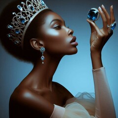 Beautiful African lady with tiara crown looking up at blue sapphire jewel that she is holding in her hand , studio photoshoot, model, talent, fashion luxury, lifestyle