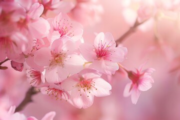 Wall Mural - Beautiful pink cherry blossom flowers blooming on branch in spring with soft focus background