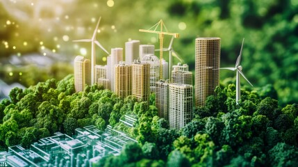 Sustainable city with wind turbines and green architecture amidst dense forest, representing eco-friendly urban development.