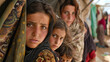 © Swaroop - A refugee camp where women and children, who have fled religious violence, are huddled together in makeshift shelters. Their faces show fear and loss, and in the background.