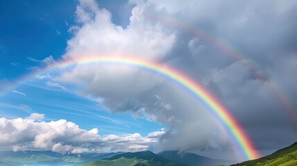 A vibrant rainbow arches over a lush landscape with dramatic clouds and clear skies after a storm, creating a picturesque natural scene.