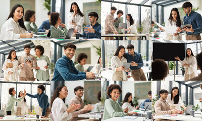 Aufkleber - A diverse group of individuals engages in a collaborative brainstorming session in a well-lit, contemporary workspace. They exchange ideas enthusiastically, utilizing laptops