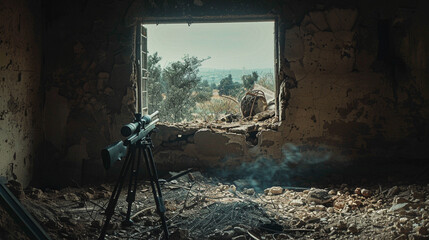 he interior of a war-damaged building where a sniper has set up a position. The sniper, camouflaged, is peering through the scope of a rifle, aiming at an unseen target. 