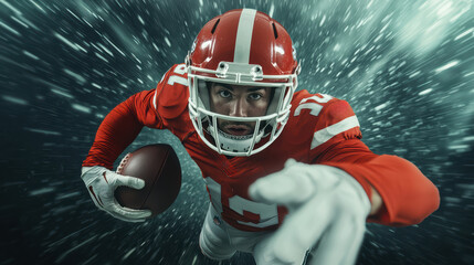 Wall Mural - Intense football player reaching out with determination, wearing red uniform and helmet, ready for action. 