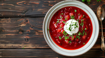 Poster - Delightful bowl of borscht, garnished with sour cream and parsley, displayed on a charming wooden table