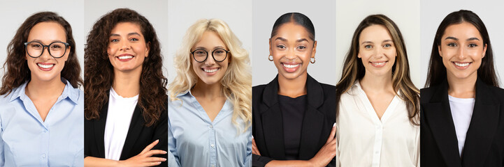 Aufkleber - A group of six professional women stands together, each dressed in business attire and displaying a range of diverse styles and expressions. They exude confidence and professionalism