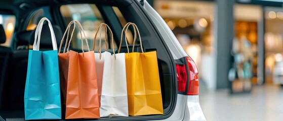 Colorful shopping bags in the trunk of a car, representing a successful shopping trip in an urban environment.