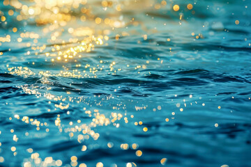 Surface blue water waves of sea with golden light tone, texture of glitter water and soft waves with sun glare and ripple.