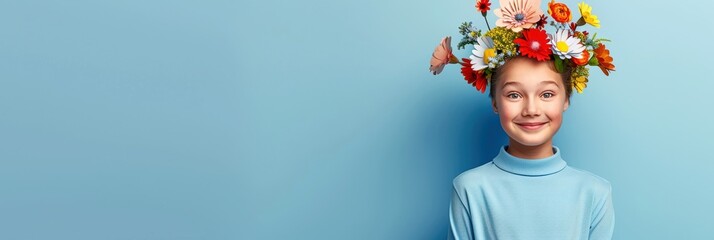 Smiling young girl with a colorful flower crown on her head, wearing a blue turtleneck sweater and standing against a solid blue background.