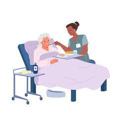 Professional nurse feeding old patient in hospital or home bed, nursing. Elderly sick woman eating meal with help of young girl, assistance of caregiver to grandmother cartoon vector illustration