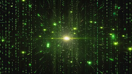 Canvas Print - A digital matrix image with glowing green binary numbers flowing towards a bright light, symbolizing data and technology.