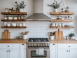© Kittipong - Minimalist Kitchen with White Tile Wooden Shelves and Stainless Steel Range
