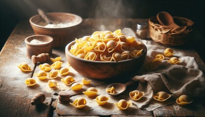 Wall Mural - Raw pasta shells, wooden bowl filled with pasta shells, uncooked pasta scattered on textured surface, dried homemade noodles, rustic food still life, warm lighting and earth tones