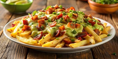 Wall Mural - Loaded cheese fries with bacon and guacamole, a delicious and indulgent snack