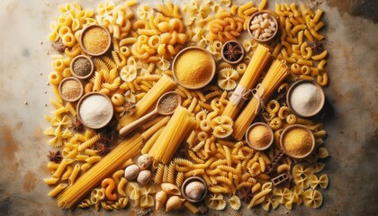 Assortment of dry pasta varieties, uncooked pasta shapes and textures, spaghetti, fusilli, penne, farfalle, orecchiette, radiatori, noodles scattered, golden hues, food background