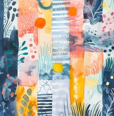 Sticker - A harmonious abstract watercolor composition featuring a mix of patterns, shapes, and diverse colors blending seamlessly.