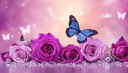 pink roses with monarch butterflies against a dreamy gradient background in garden banner postcard