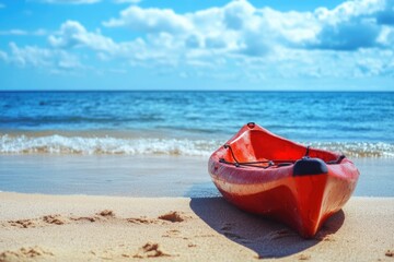 Wall Mural - Kayak Rescue. Closeup of Red Kayak on Beautiful Sandy Beach by the Bay