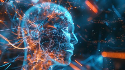 Wall Mural - A detailed profile of a human head with intricate digital network patterns in blue and orange, set against a dark background symbolizing advanced technology.