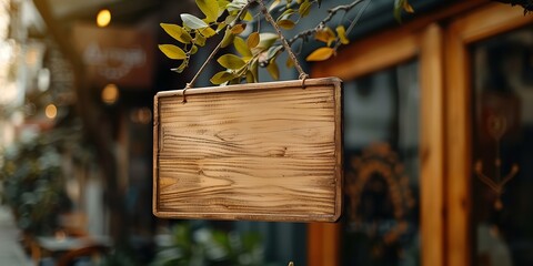 A wooden hanging nameplate at a tea brunch in the middle of a natural setting with a hazy view of the house with space for text, Generative AI.