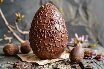 Sticker - Large detailed chocolate easter egg sitting on rustic wood with spring flowers and a few chocolate chunks