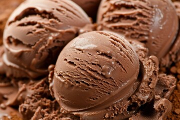 Poster - Close up of chocolate ice cream scoops melting on chocolate flakes