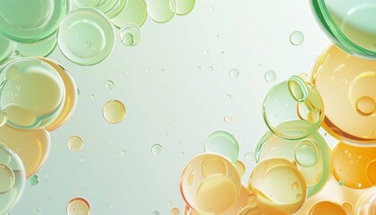 Poster - Gentle transparent bubbles in pastel green and orange hues float serenely against a light background, evoking calm and tranquility.