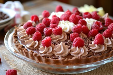 Sticker - Delicious chocolate raspberry pie topped with fresh raspberries and whipped cream swirls