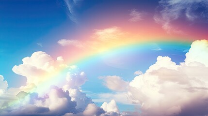 Sticker - A bright rainbow stretched across the sky after the passing spring rain.,