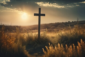 Wall Mural - cross at sunset