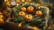 © Alex - Charming Rustic Gift Box Poster: Celebrate the Holiday Spirit with Green Foliage, Pumpkins, and Twinkling Lights for a Cozy Home Decor Accent!