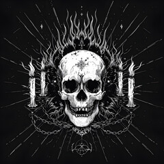 Skull and Flames chain and candles black and white illustration