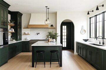 Modern kitchen with dark green cabinets, white quartz countertops, a kitchen island with two black stools, and a large window.