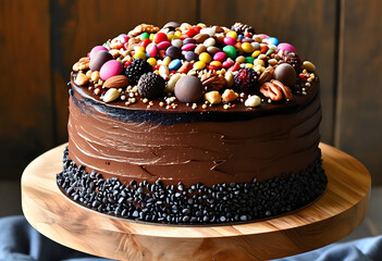 Rich, vegan chocolate cake with colorful candies and assorted nuts, served on a rustic wooden table.