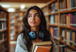 © MRSUTIN - A cheerful and confident female student is holding a textbook and wearing headphones around her neck