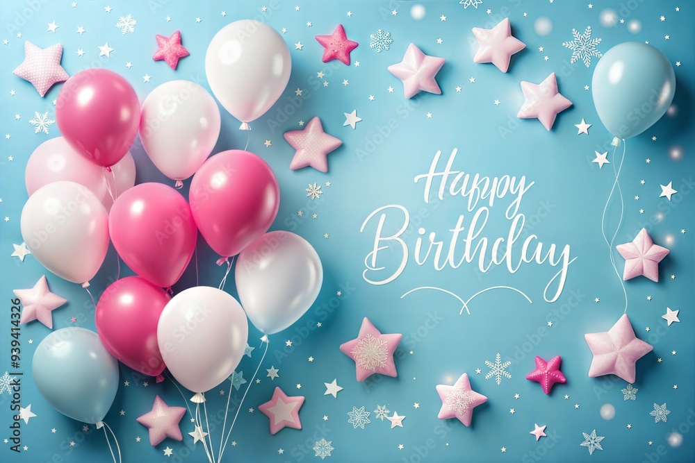 Happy birthday text with blue, pink and lila balloons and confetti on a ...