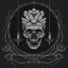 Skull and Lotus chain and candles black and white illustration