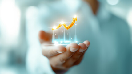 Poster - A person holds a glowing chart with upward trends, symbolizing business growth and success during a corporate meeting. The setting features a sleek, contemporary office design