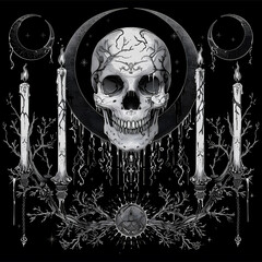 Skull and Moon chain and candles black and white illustration