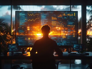 holographic beach office businessman avatar working on virtual screens data waves merging with ocean tropical elements integrated with productivity tools sunrisepowered workstation