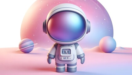 3D cartoon astronaut playing ball with golden robot on glass planet